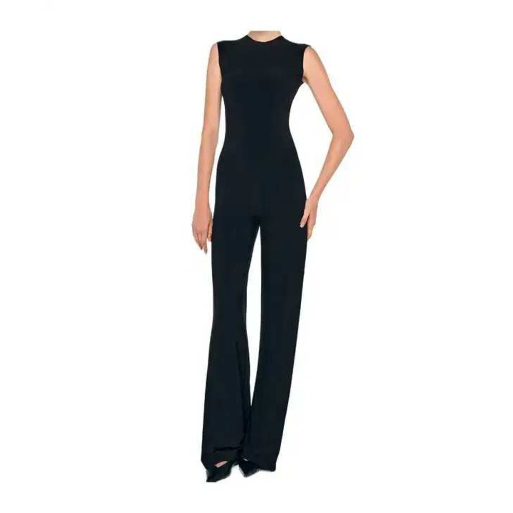 Norma Kamali Wide Leg Jumpsuit Women S Black Sleeveless Crew Neck Elegant Chic